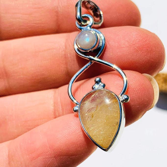 Gorgeous Rutilated Quartz & Moonstone Sterling Silver Pendant (Includes Silver Chain) - Earth Family Crystals