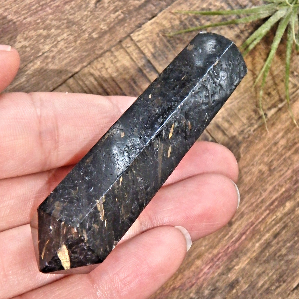 Genuine Greenland Nuummite With Lightening Flashes of Mysterious Color Wand Carving 1 - Earth Family Crystals