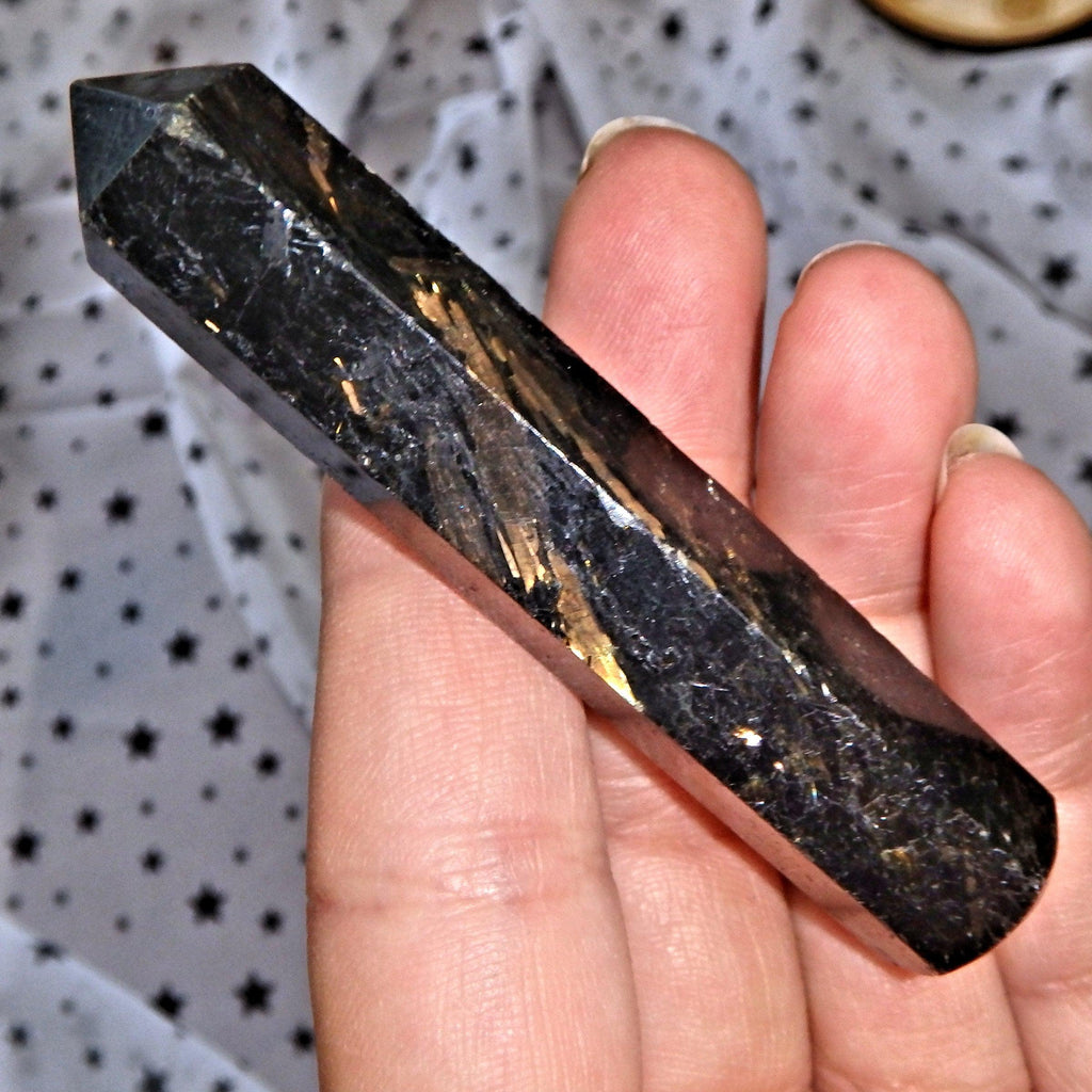 Ribbons of Flash Genuine Greenland Nuummite Wand Carving - Earth Family Crystals