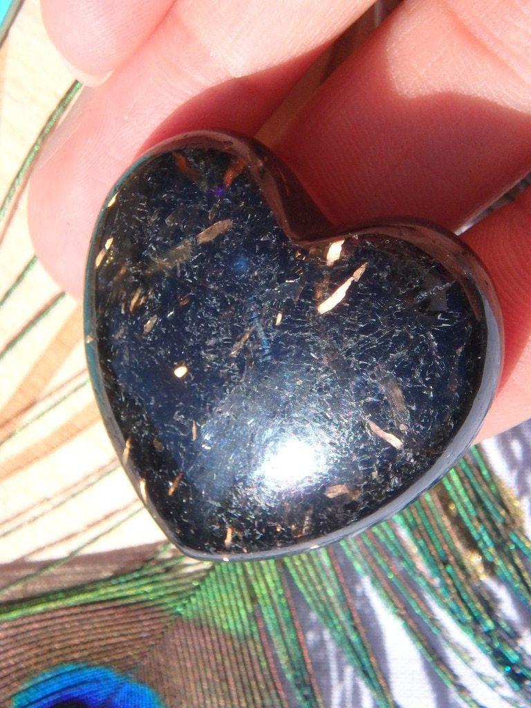 Amazing Golden Lightening Greenland Nuummite Heart Carving 1 - Earth Family Crystals