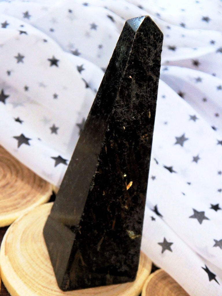 Huge & Bright Golden Flashes Greenland Nuummite Standing Obelisk - Earth Family Crystals