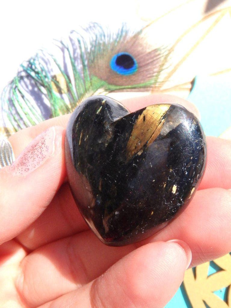 Amazing Golden Lightening Greenland Nuummite Heart Carving 2 - Earth Family Crystals