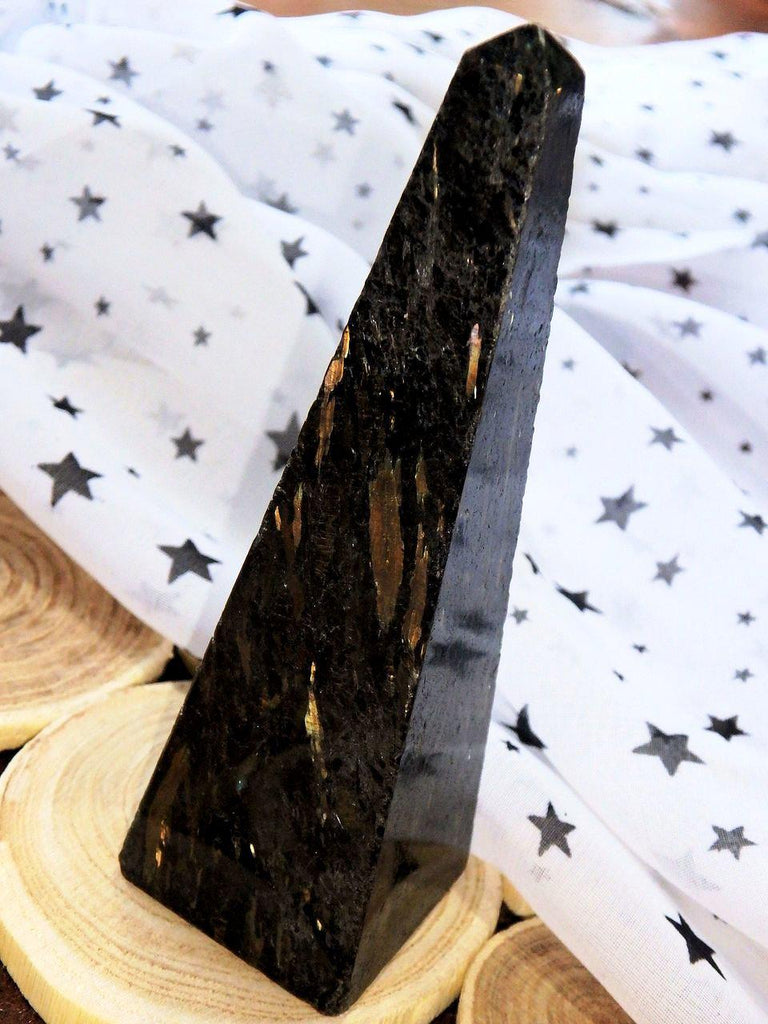 Huge & Bright Golden Flashes Greenland Nuummite Standing Obelisk - Earth Family Crystals