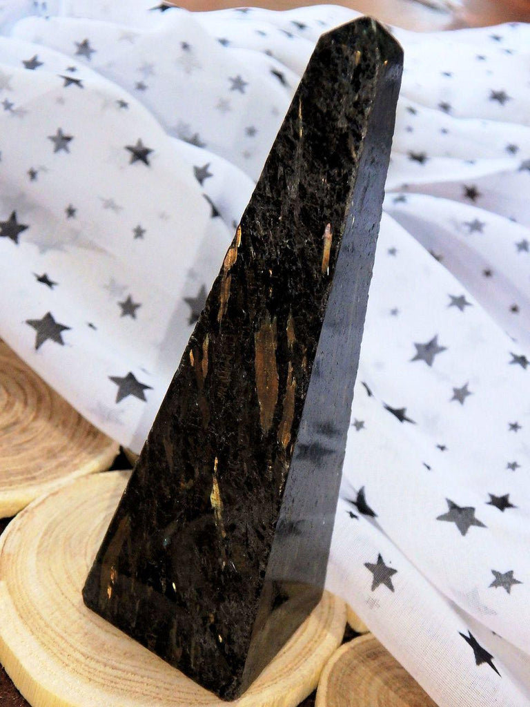 Huge & Bright Golden Flashes Greenland Nuummite Standing Obelisk - Earth Family Crystals