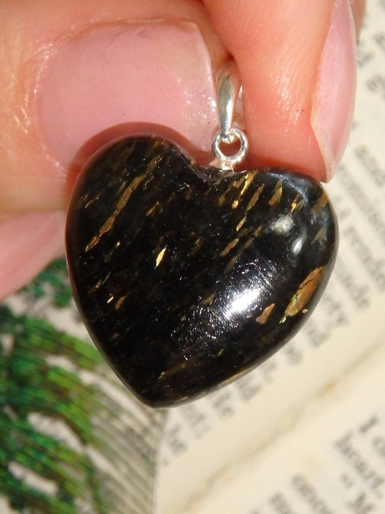 Golden Flashes~ Greenland Nuummite Heart Pendant in Sterling Silver (Includes Silver Chain) - Earth Family Crystals