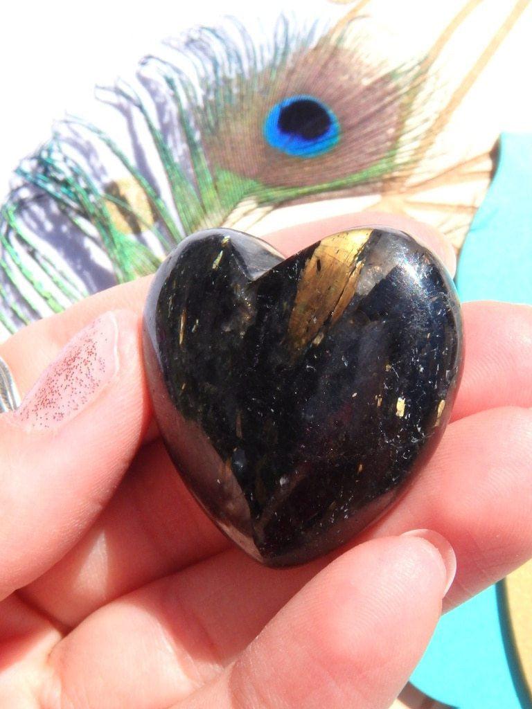 Amazing Golden Lightening Greenland Nuummite Heart Carving 2 - Earth Family Crystals