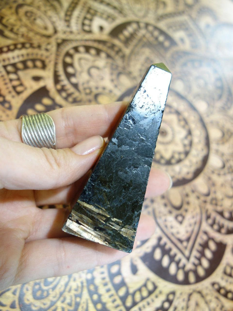 PRIVATE LISTING FOR CHRISTINE C~ Mysterious Golden Lightening Flashes! Greenland Nuummite Obelisk Standing Specimen - Earth Family Crystals