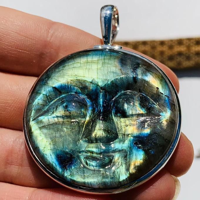 Amazing Tranquil Moon Goddess Face Labradorite Sterling Silver Pendant (Includes Silver Chain) #2 - Earth Family Crystals