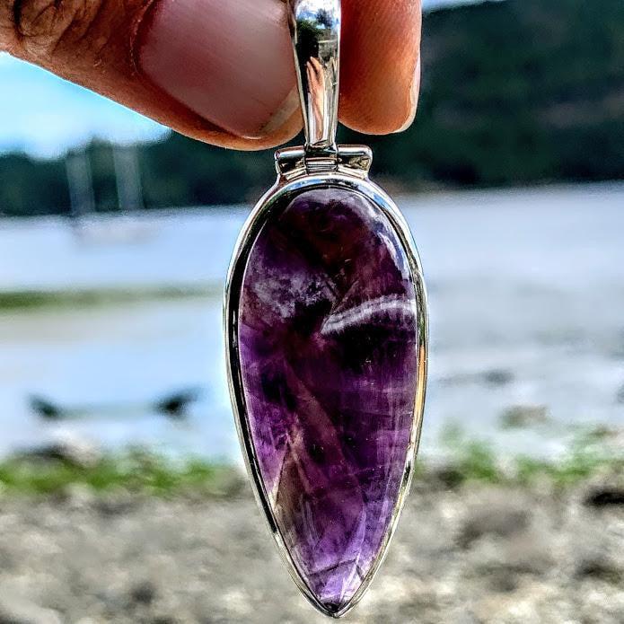 Deep Purple Chevron Amethyst  Pendant in Sterling Silver (Includes Silver Chain) #3 - Earth Family Crystals