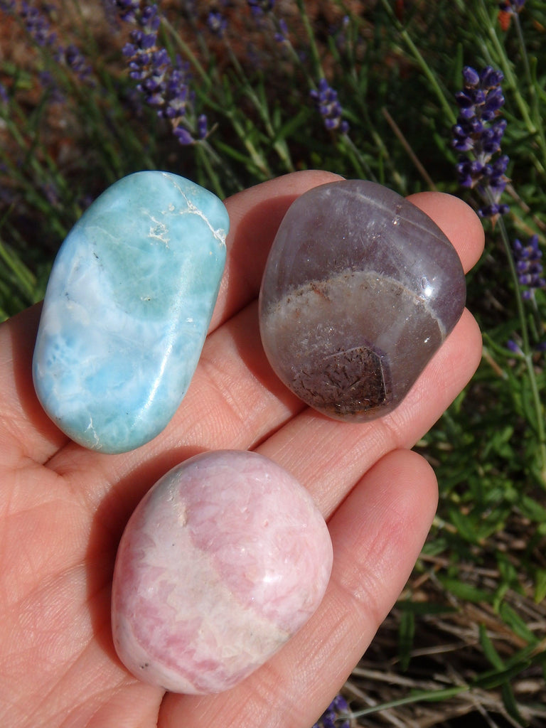 Powerful Combo~Caribbean Blue Larimar, Canadian Auralite-23, Pink Rhodochrosite Tumbled Stone Set - Earth Family Crystals