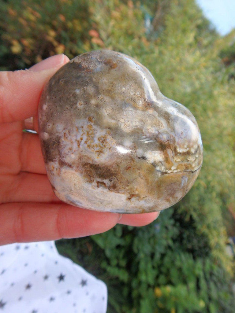 Cute White Orbs Ocean Jasper Heart Carving - Earth Family Crystals