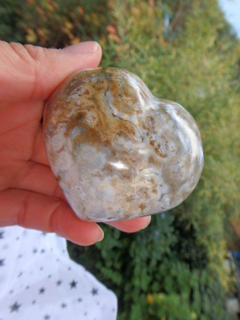 Cute White Orbs Ocean Jasper Heart Carving - Earth Family Crystals