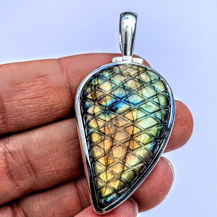 Fabulous Carved Labradorite Pendant in Sterling Silver (Includes Silver Chain) #1 - Earth Family Crystals
