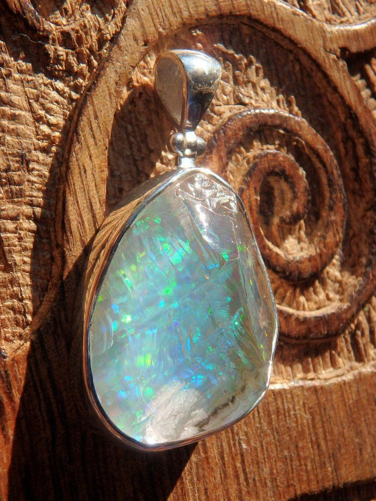 Custom Crafted! Twinkling Rainbow Opal & Raw Quartz Capped Pendant in Sterling Silver (Includes Silver Chain) - Earth Family Crystals