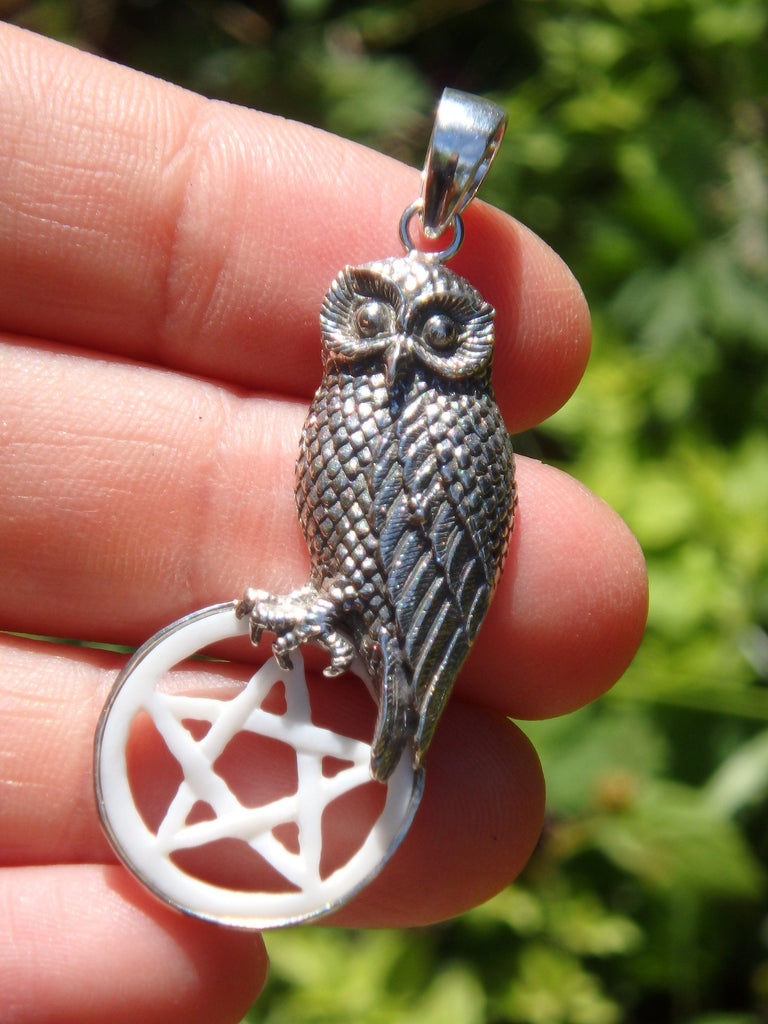 Wise Owl & Bone Pentacle Pendant in Sterling Silver (Includes Silver Chain) - Earth Family Crystals