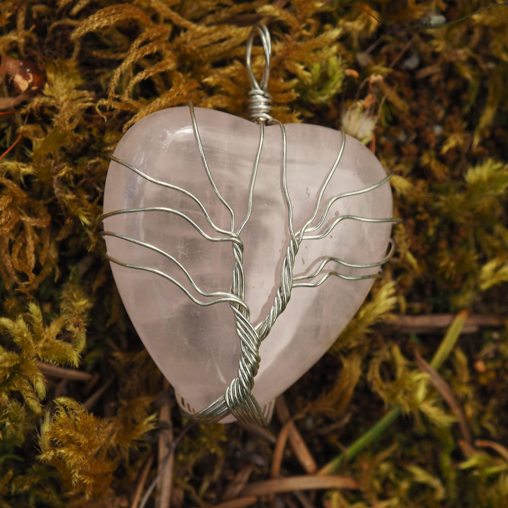 Tree of Life Wire Wrapped Rose Quartz Heart Pendant - Earth Family Crystals