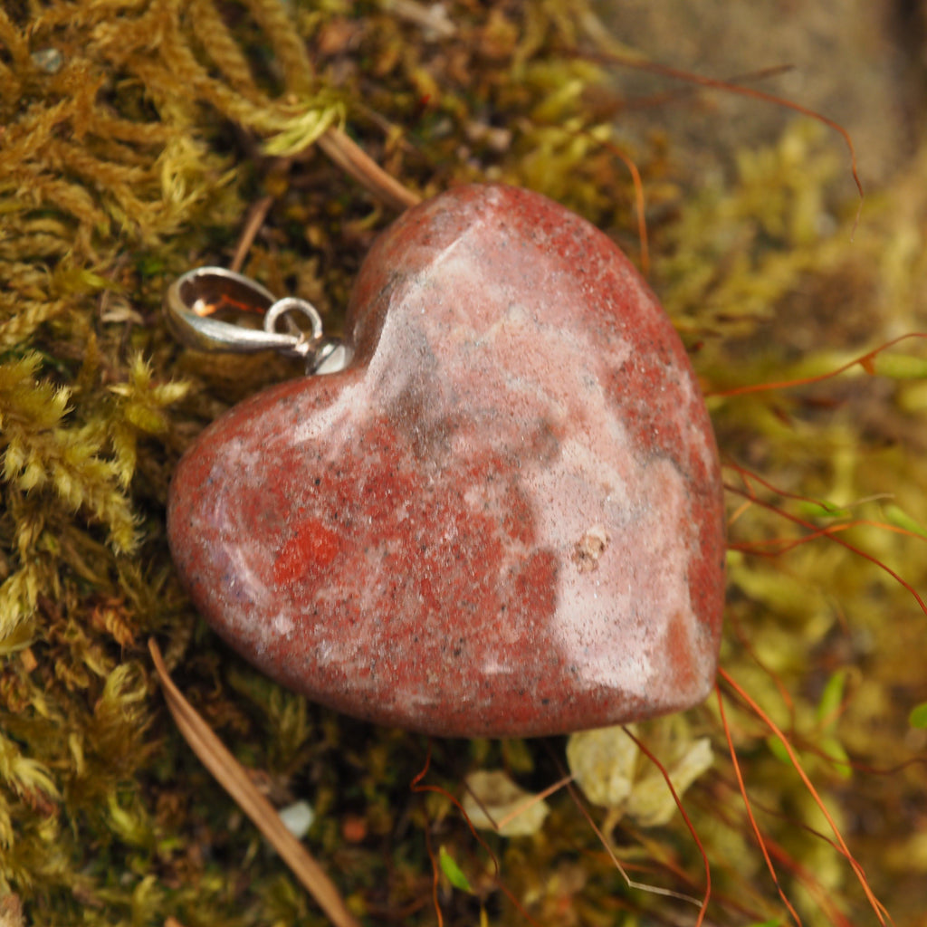Cranberry Red Greenland Thulite Heart Pendant in Sterling Silver (Includes Silver Chain) - Earth Family Crystals