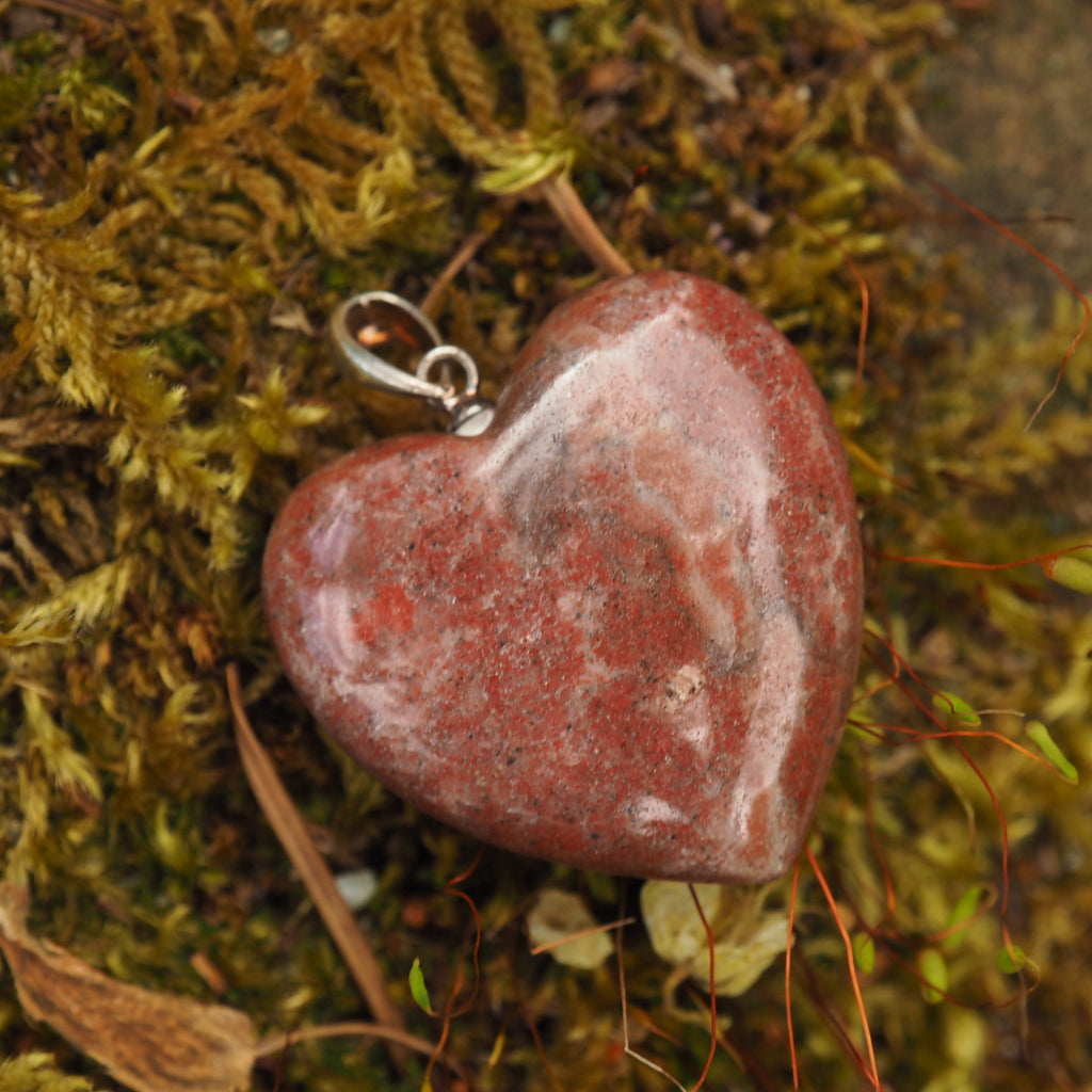 Cranberry Red Greenland Thulite Heart Pendant in Sterling Silver (Includes Silver Chain) - Earth Family Crystals
