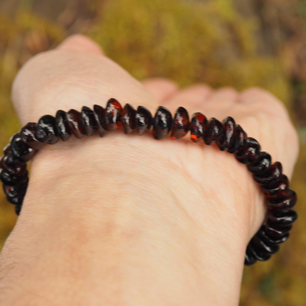 Lithuanian Baltic Amber Deep Burgundy Bracelet on Stretchy Elastic Cord - Earth Family Crystals