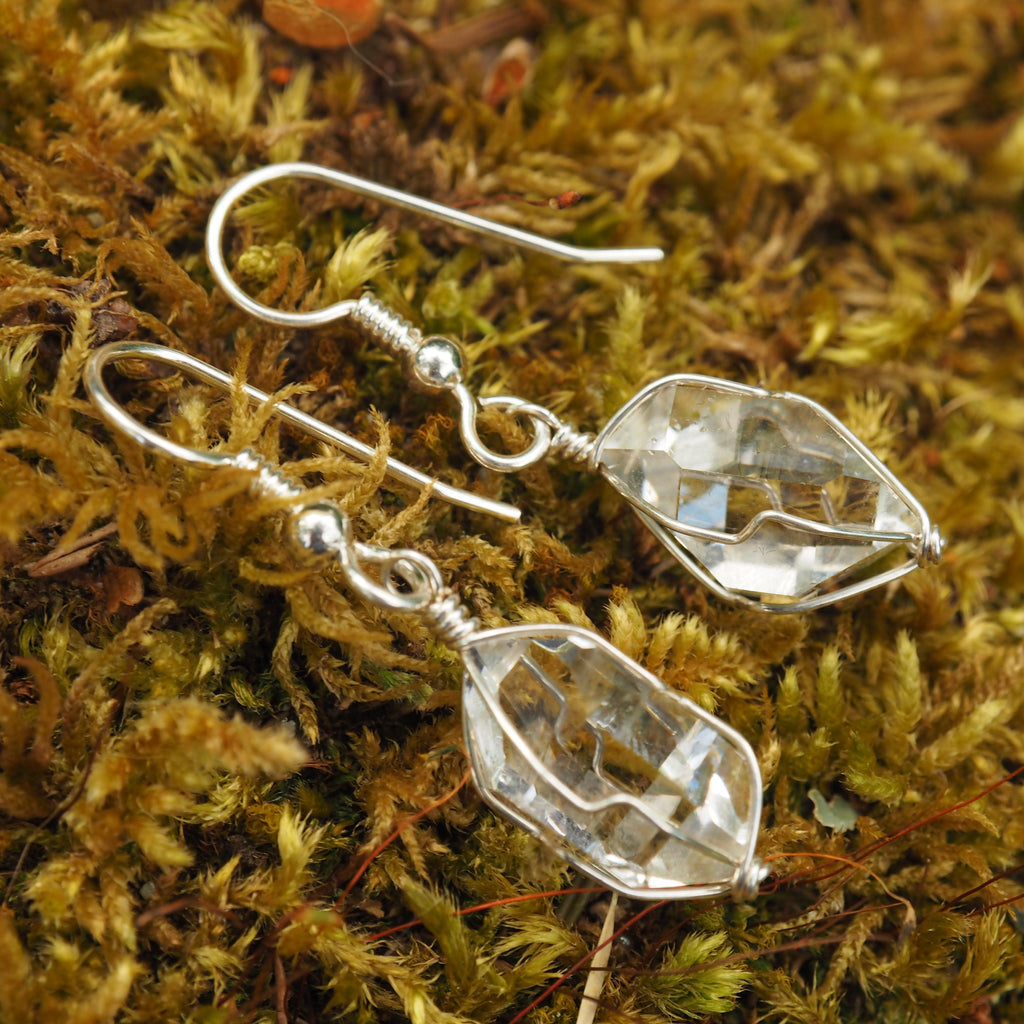 Handmade Wire Wrapped Clear & Brilliant Herkimer Diamond Earrings in Sterling Silver - Earth Family Crystals