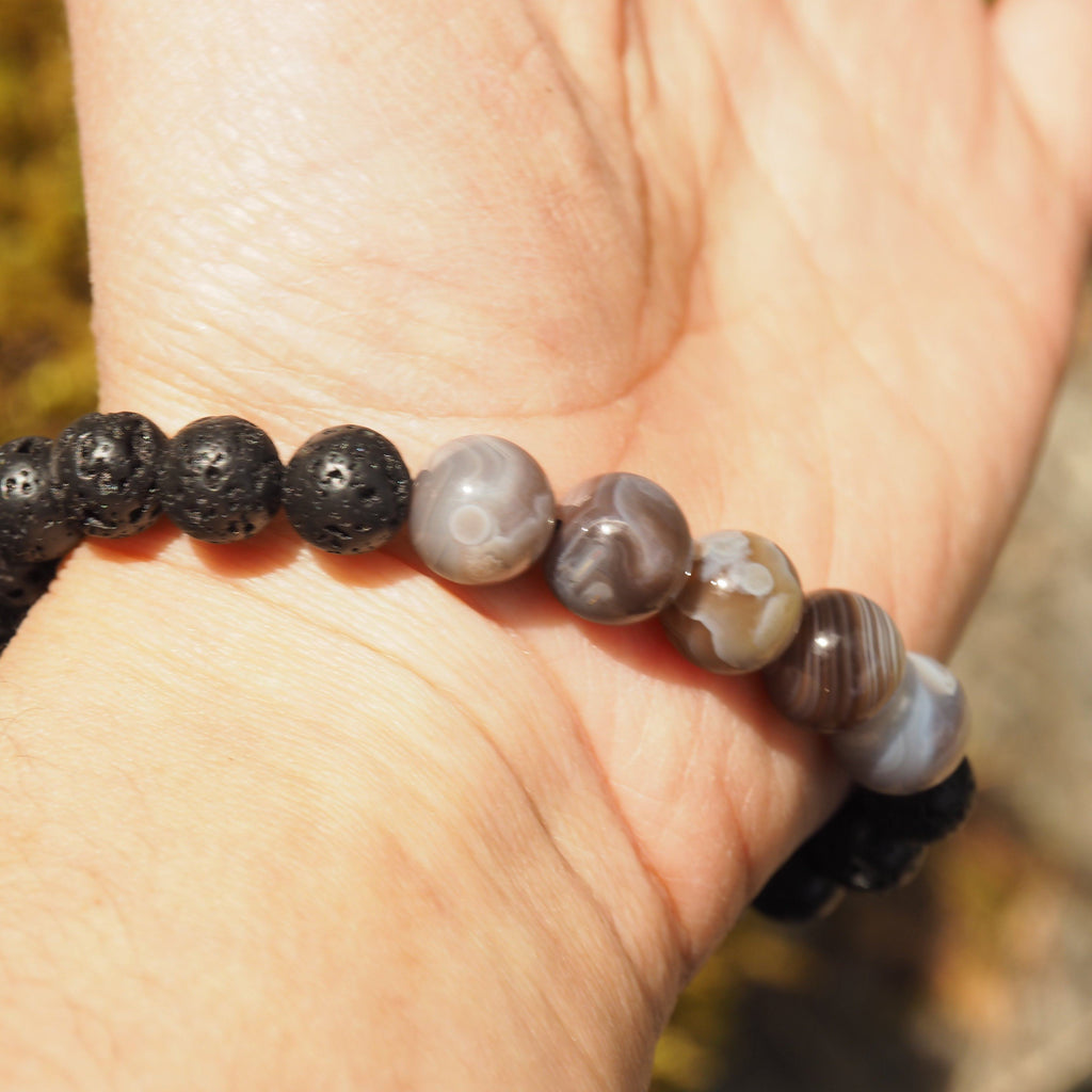 Botswana Agate & Lava Stone Adjustable Cord Bracelet (Ideal for Essential Oils) - Earth Family Crystals