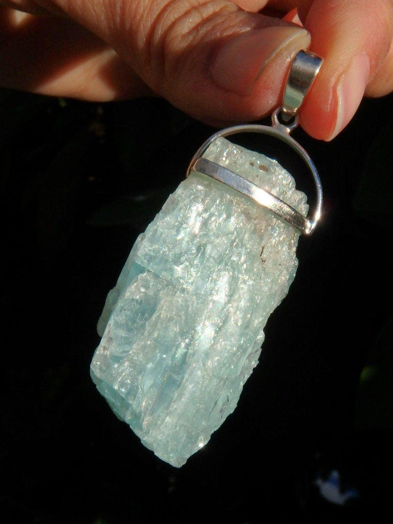 Chunky & Gemmy Raw Blue Aquamarine Gemstone Pendant In Sterling Silver (Includes Silver Chain) - Earth Family Crystals