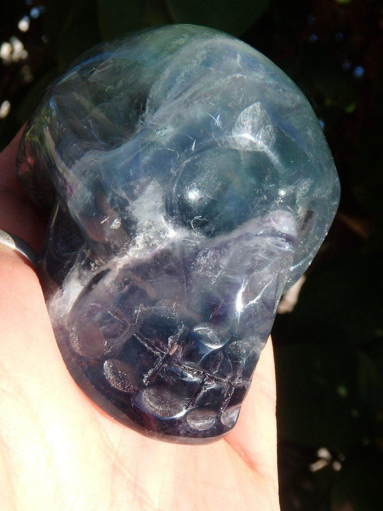 Aqua Blue-Green & Purple FLUORITE GEMSTONE SKULL CARVING - Earth Family Crystals