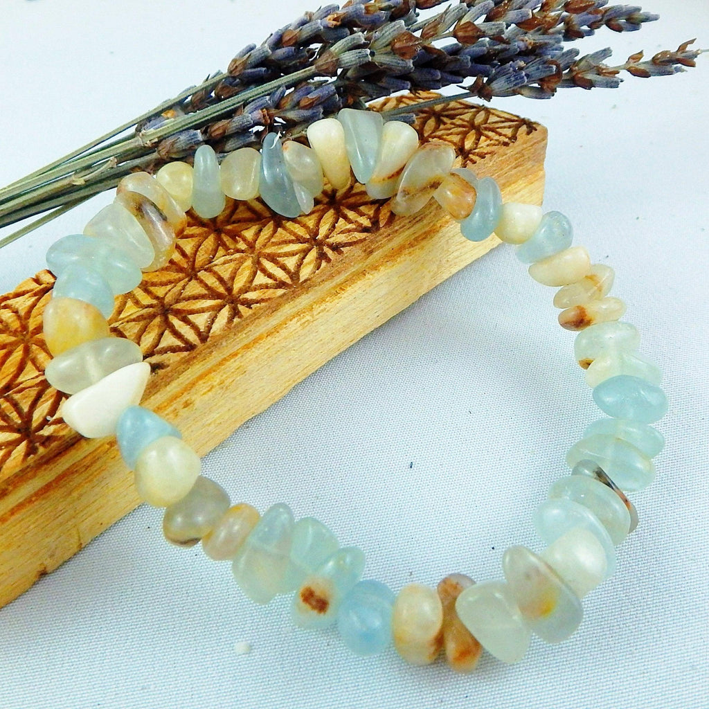 Frosty Blue Lemurian Aquatine Calcite Gemstone Bracelet on Stretchy Cord - Earth Family Crystals