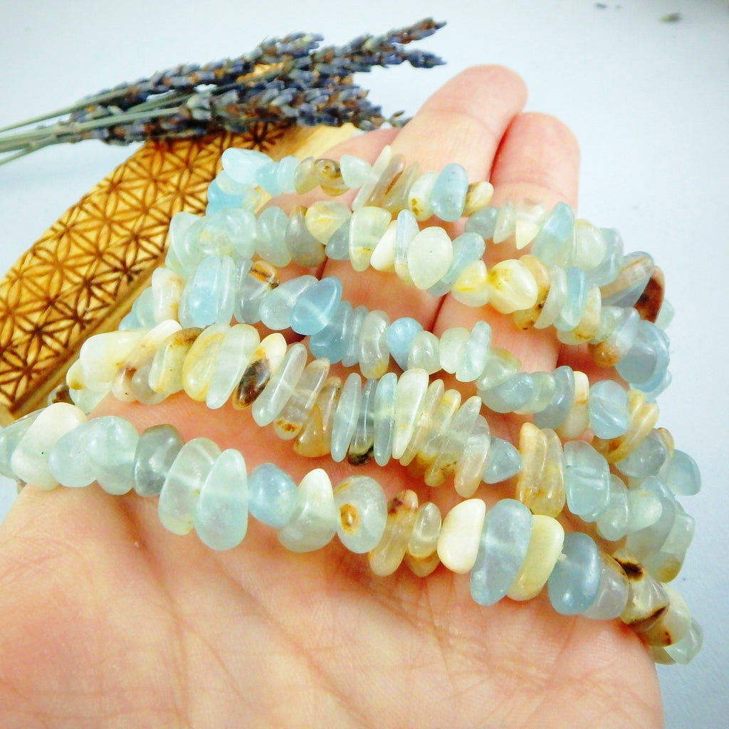 Frosty Blue Lemurian Aquatine Calcite Gemstone Bracelet on Stretchy Cord - Earth Family Crystals