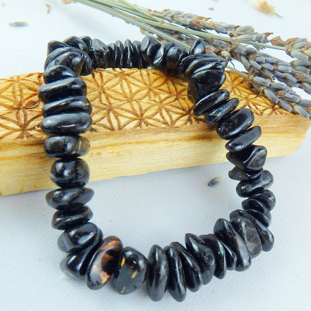 Rare! Extreme Flashes Genuine Greenland Nuummite Bracelet on Stretchy Cord - Earth Family Crystals