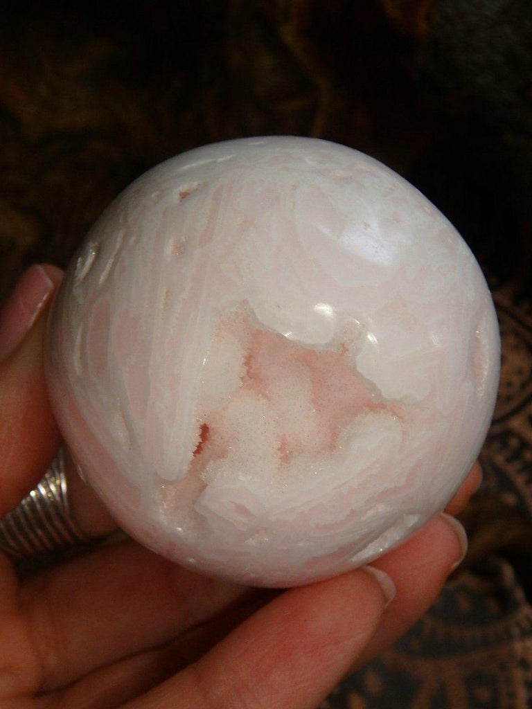 Amazing Pink Druzy Caves Mangano Calcite Sphere Carving - Earth Family Crystals