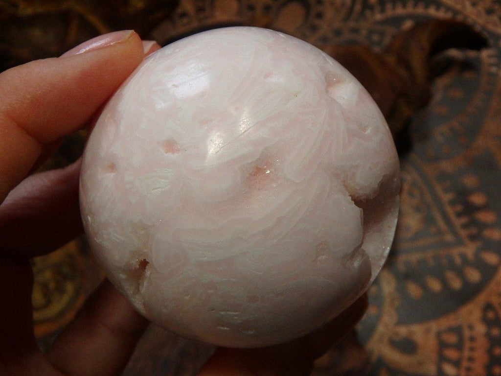 Amazing Pink Druzy Caves Mangano Calcite Sphere Carving - Earth Family Crystals