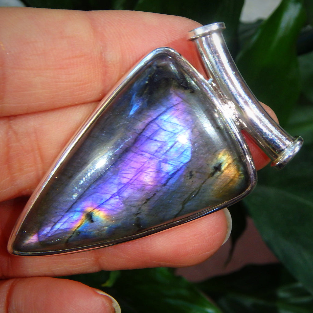 Incredibly Beautiful Large Rare Purple Flash Labradorite Gemstone Pendant in Sterling Silver (Includes Silver Chain) - Earth Family Crystals