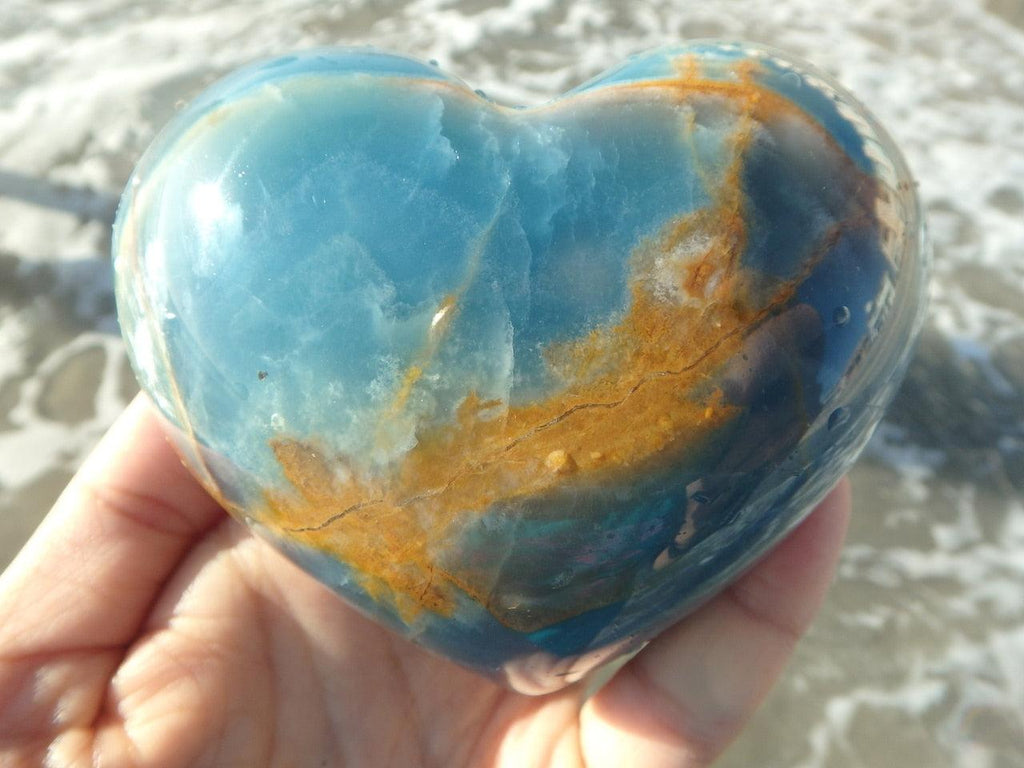 Ocean Cleansed! Rare Jumbo Blue LEMURIAN AQUATINE CALCITE PUFFY GEMSTONE HEART - Earth Family Crystals