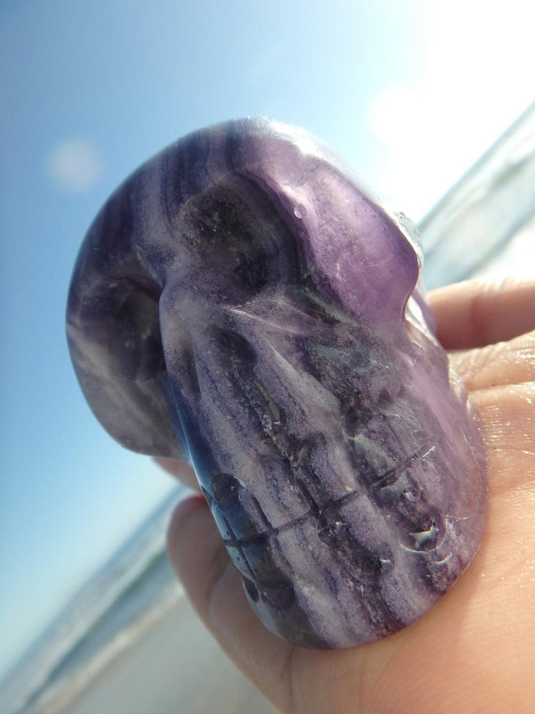 Ocean Cleansed! Mr.Personality Purple FLUORITE GEMSTONE SKULL CARVING - Earth Family Crystals