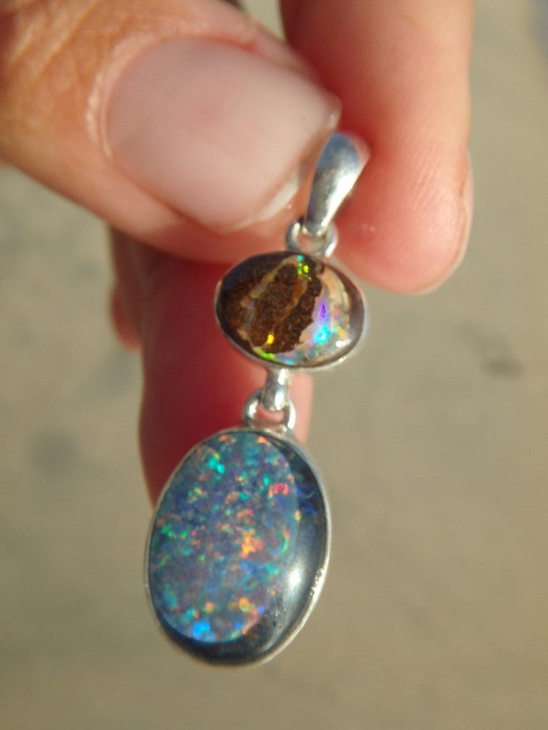 Superb Flash! Lightening Ridge BOULDER OPAL & COOBER PEDY OPAL PENDANT In Sterling Silver (Includes Silver Chain) - Earth Family Crystals