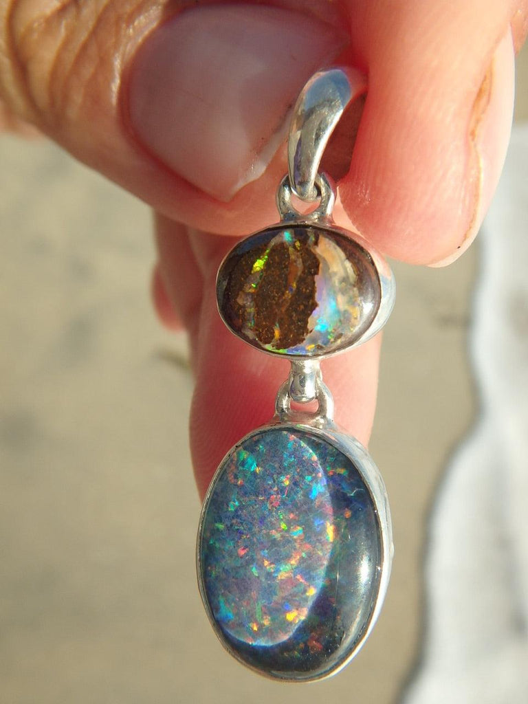 Superb Flash! Lightening Ridge BOULDER OPAL & COOBER PEDY OPAL PENDANT In Sterling Silver (Includes Silver Chain) - Earth Family Crystals