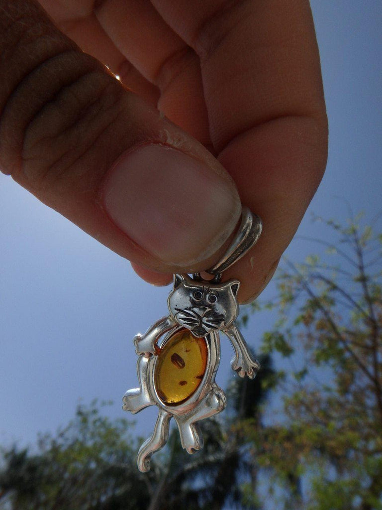 Adorable BALTIC AMBER CAT PENDANT In Sterling Silver (Includes Silver Chain) - Earth Family Crystals