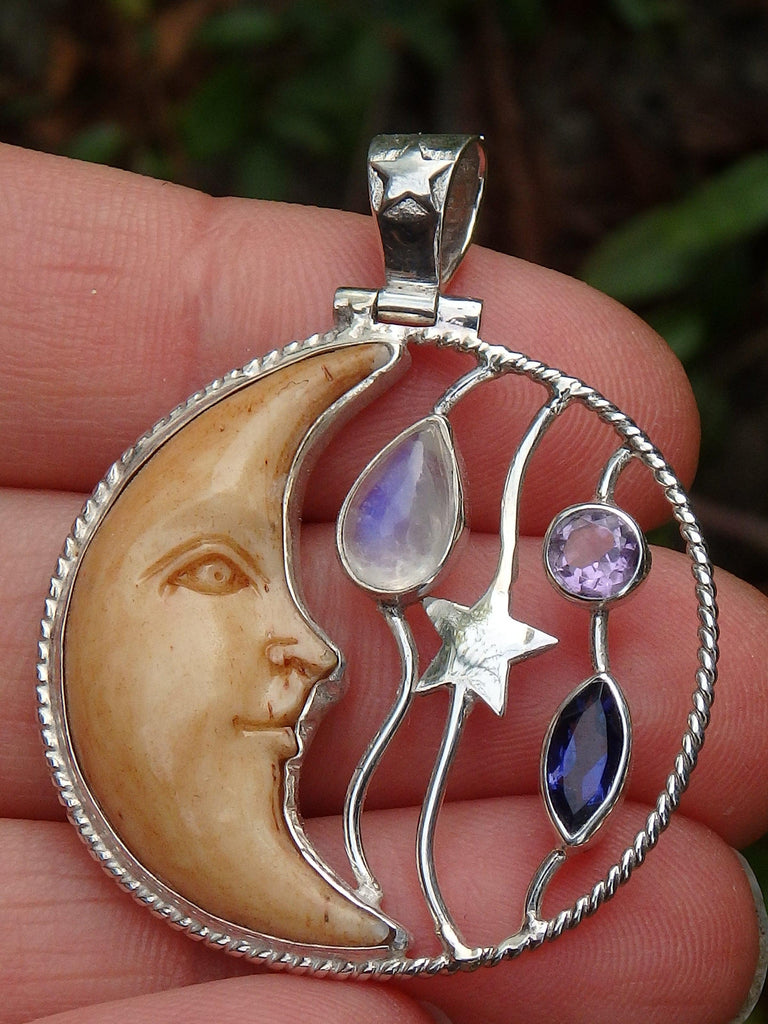 Faceted Amethyst, Iolite & Rainbow Moonstone Crescent Moon Bone Pendant in Sterling Silver (Includes Silver Chain) - Earth Family Crystals