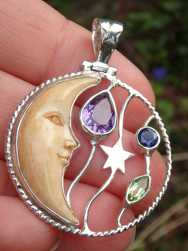 Faceted Amethyst, Iolite & Peridot Crescent Moon Bone Pendant in Sterling Silver (Includes Silver Chain) - Earth Family Crystals