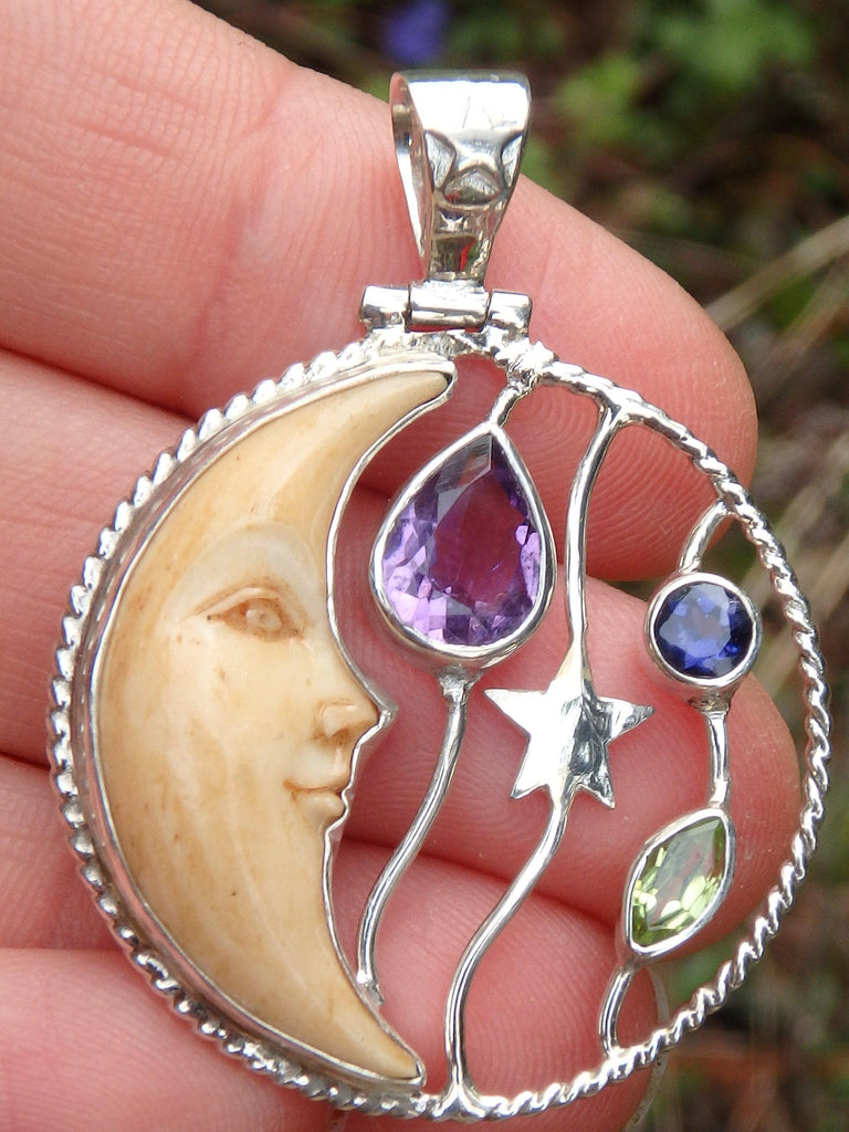 Faceted Amethyst, Iolite & Peridot Crescent Moon Bone Pendant in Sterling Silver (Includes Silver Chain) - Earth Family Crystals
