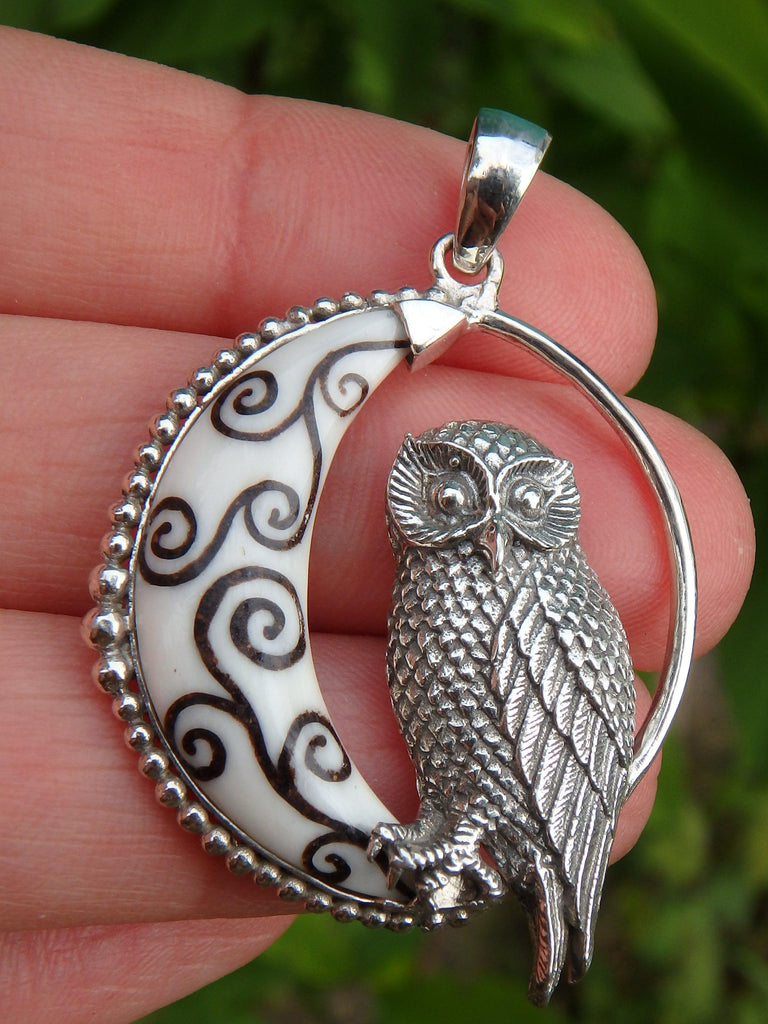 Wise Owl & Crescent Moon Bone Pendant in Sterling Silver (Includes Silver Chain) - Earth Family Crystals