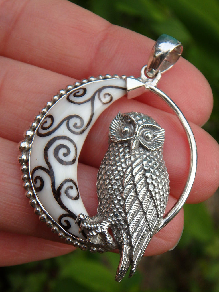 Wise Owl & Crescent Moon Bone Pendant in Sterling Silver (Includes Silver Chain) - Earth Family Crystals