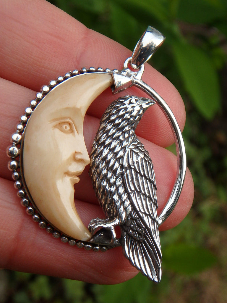 Raven & Crescent Moon Bone Pendant in Sterling Silver (Includes Silver Chain) - Earth Family Crystals