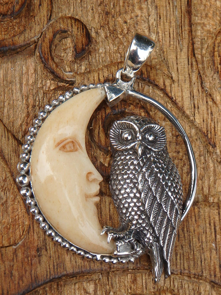 Owl & Crescent Moon Bone Pendant in Sterling Silver (Includes Silver Chain) - Earth Family Crystals