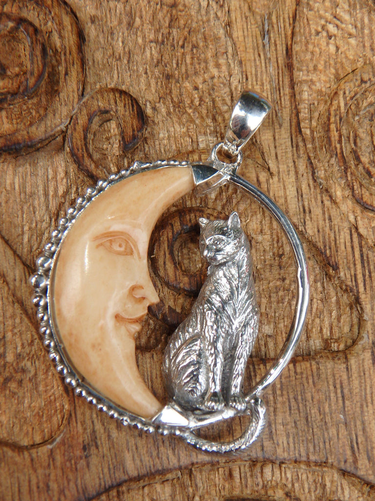 Cat & Crescent Moon Bone Pendant in Sterling Silver (Includes Silver Chain) - Earth Family Crystals