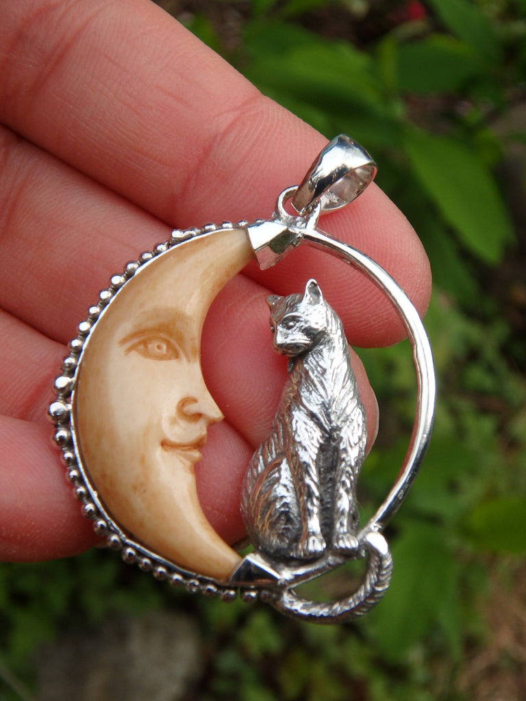 Cat & Crescent Moon Bone Pendant in Sterling Silver (Includes Silver Chain) - Earth Family Crystals
