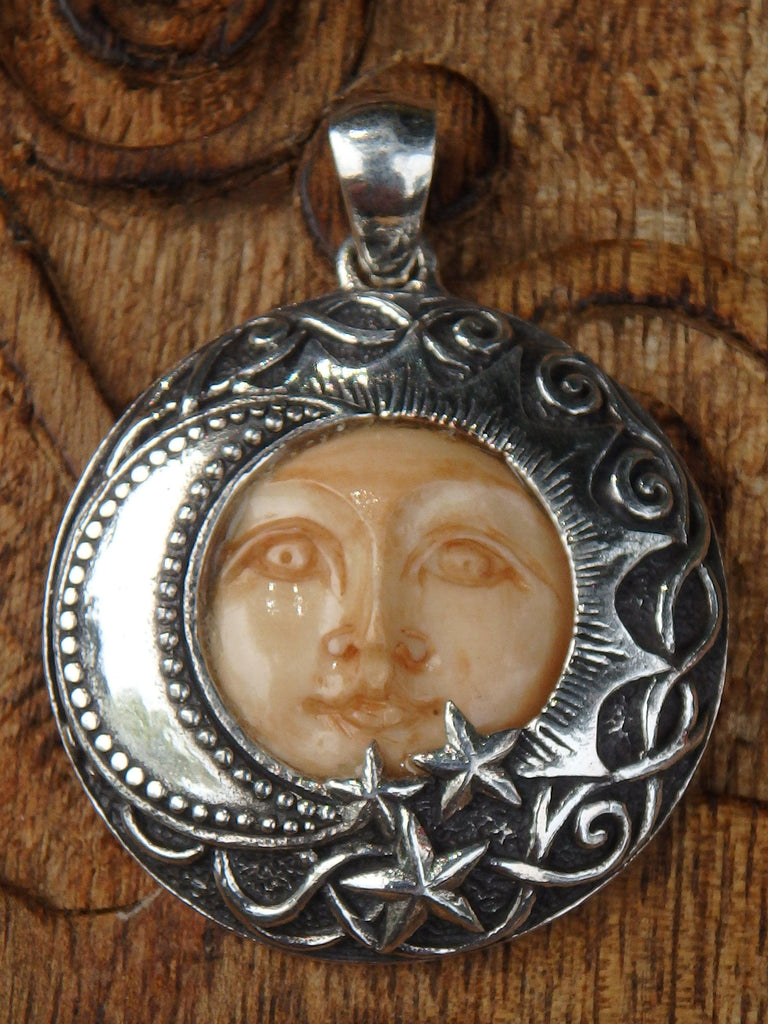 Lunar Goddess Moon Face Bone Pendant in Sterling Silver (Includes Silver Chain) - Earth Family Crystals