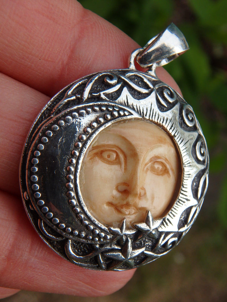 Lunar Goddess Moon Face Bone Pendant in Sterling Silver (Includes Silver Chain) - Earth Family Crystals