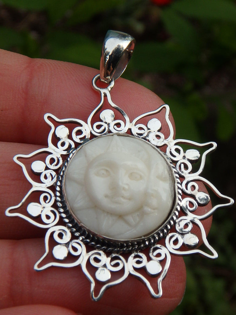 White Moon & Sun Bone Face Pendant in Sterling Silver (Includes Silver Chain) - Earth Family Crystals